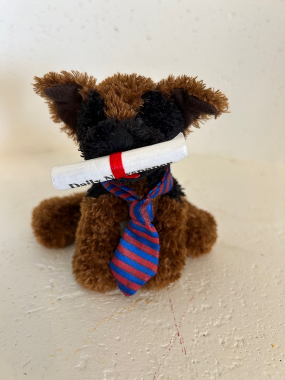 Plush Brown Dog Toy with Blue & Red Striped Tie